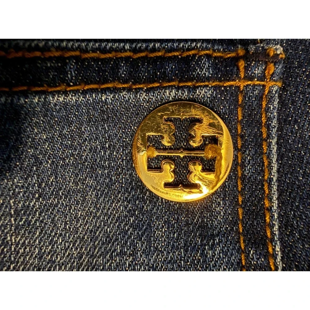 Tory Burch Super Skinny Jeans Womens 32 Blue Denim Stretch Gold Logo Medallion